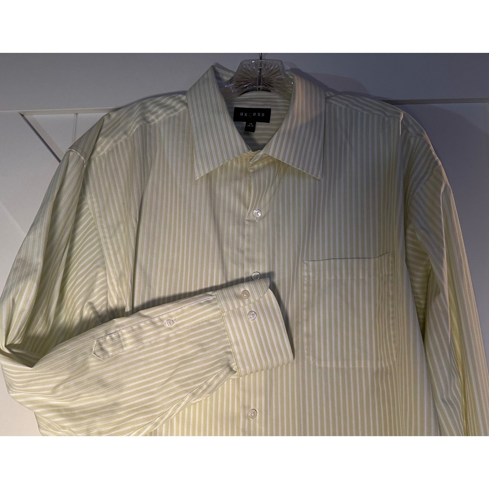 Axcess Mens Light Yellow White Pinstripe No‎ Iron Dress Shirt Size 18 34 35